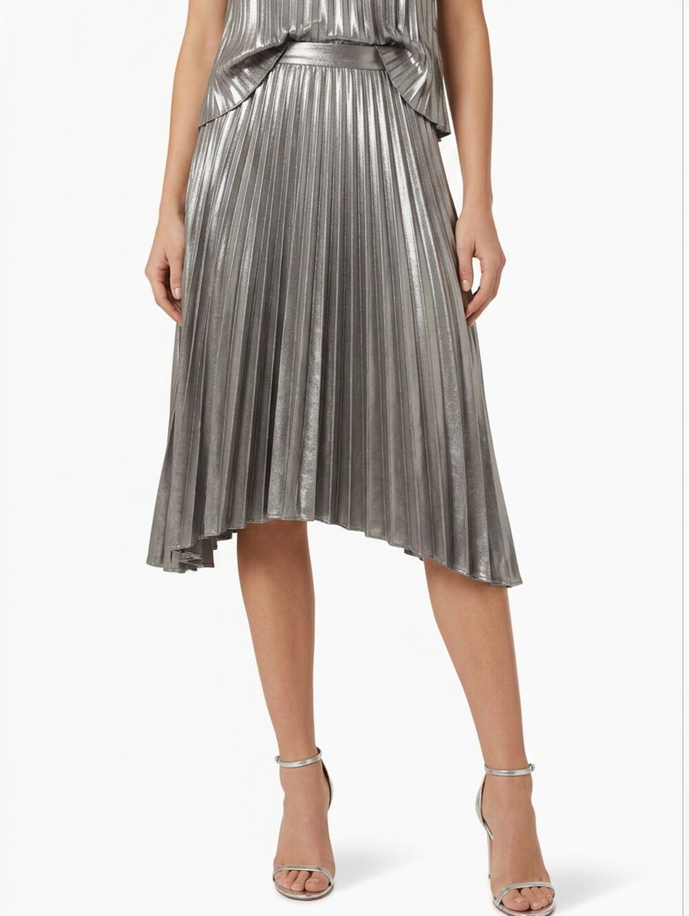 Pinko Metallic Silver Pleated Midi Skirt